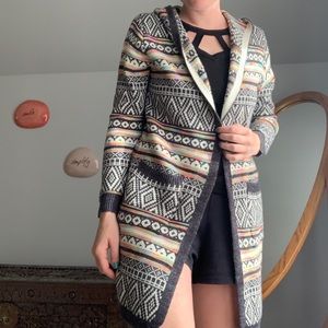 Bohemian Colorful Aztec Patterned Thick Open Hooded Cardigan